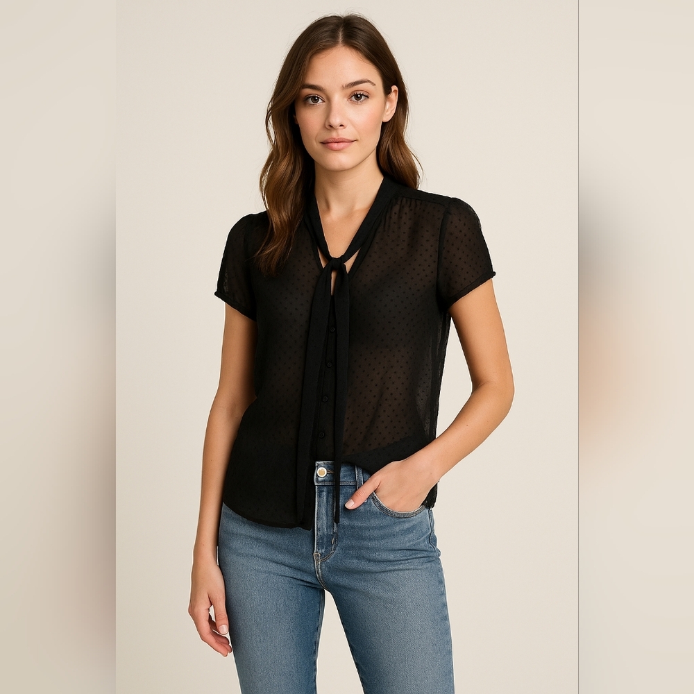 LOFT Sheer Black Short Sleeve Blouse with Tie Neck – Size S